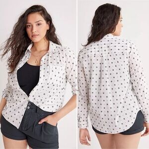 Anthropologie Maeve Clip Dot Relaxed Button Up Shirt Size 2 White Top Blouse